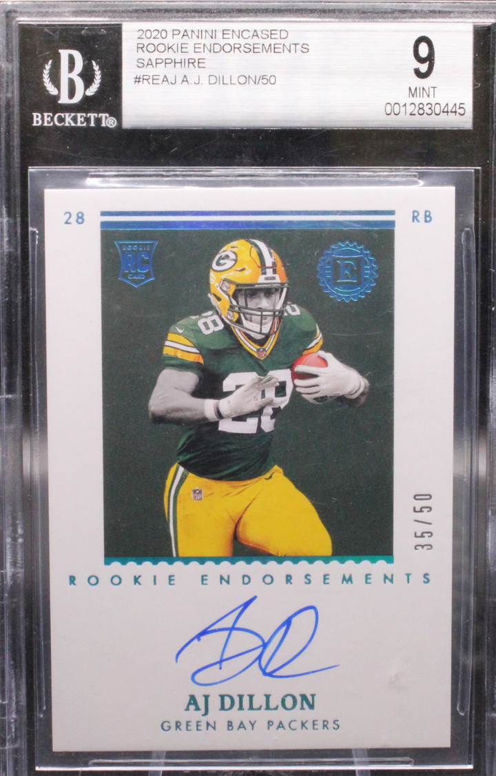 2020 Panini Encased Footballl - AJ Dillon RE-AJ - Sapphire /50 - BGS 9 / 10