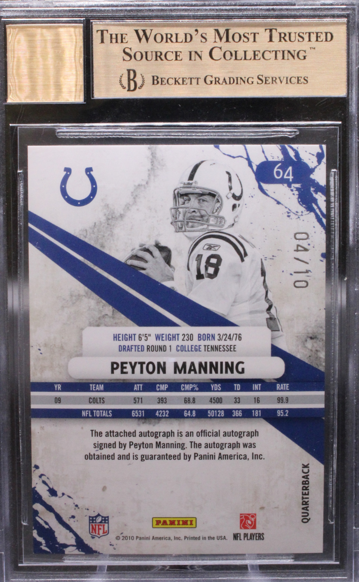 2010 Panini Rookie & Stars - Peyton Manning 64 - Autographs /10 - BGS 9.5 / 10