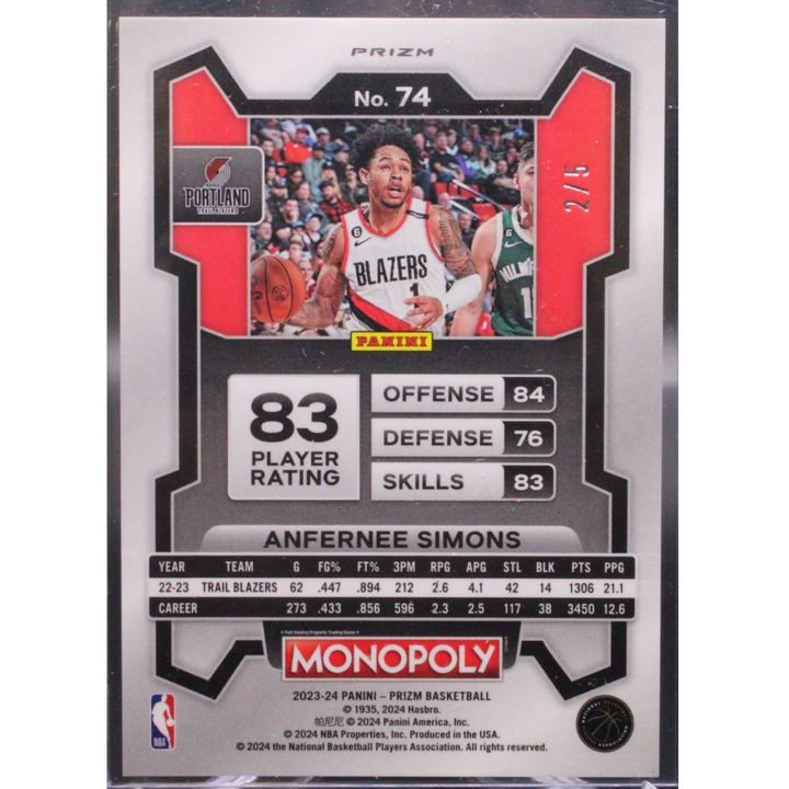 2023 Panini Prizm Monopoly - Anfernee Simons 74 - Pink Millionaire /5