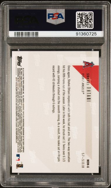 2018 Topps Now - Shohei Ohtani MOW-6 - Moment Of The Week - PSA 10