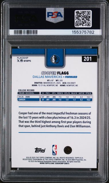 2025 Topps Basketball - Cooper Flagg #201 - Rainbow Foilboard Rookie - PSA 10