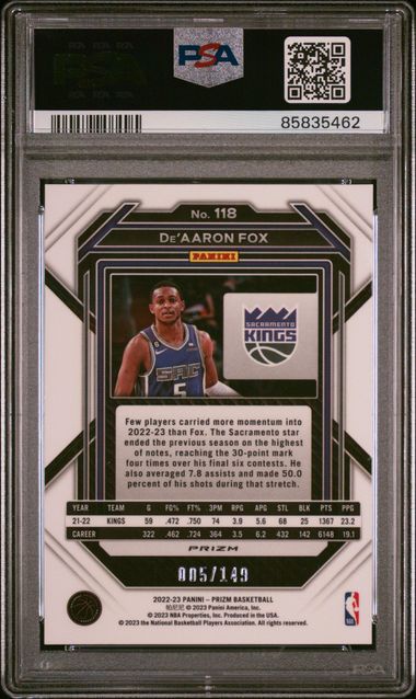 2022 Panini Prizm - De'Aaron Fox 118- Purple Ice /149 - PSA 10