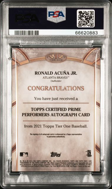 2021 Topps Tier One Baseball- Ronald Acuna Jr.  - Prime Performers Autograph Bronze Ink 16/25 - PSA 10
