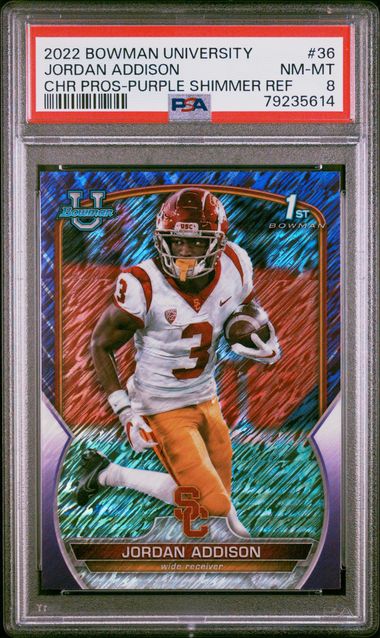 2022 Topps Bowman U Chrome - Jordan Addison 36 - 1st Bowman Purple Shimmer - PSA 8