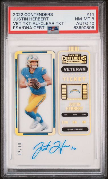 2022 Panini Contenders Football - Justin Herbert #14 - Veteran Clear Ticket Autograph - PSA 8 Auto 10