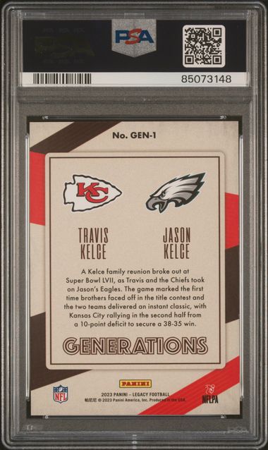 2023 Panini Legacy Football - Travis Kelce / Jason Kelce Gen-1 - Orange /249 - PSA 9