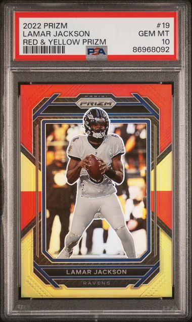 2022 Panini Prizm - Lamar Jackson 19 - Red & Yellow Prizm /44 - PSA 10