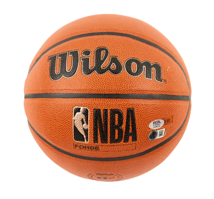 Larry Bird & Magic Johnson Signed NBA Basketball With Display Stand (PSA & Beckett)