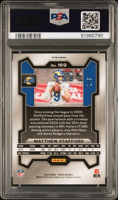 2023 Panini Prizm - Matthew Stafford 169 - No Huddle Neon Green /5 - PSA 9