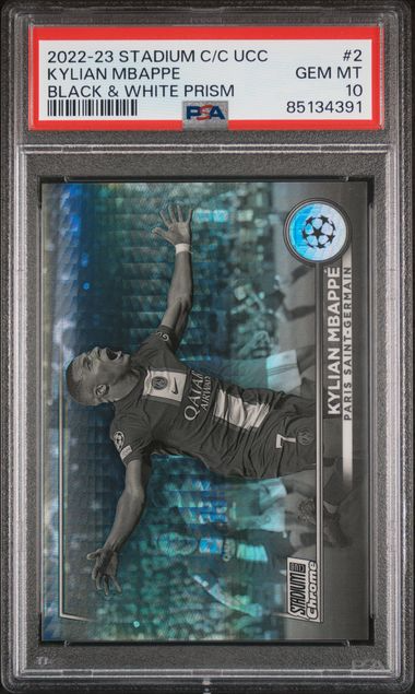 2022-23 Topps Stadium Club Chrome UEFA Club Competitions - Kylian Mbappe #2 - Black and White Prism 200/350 - PSA 10