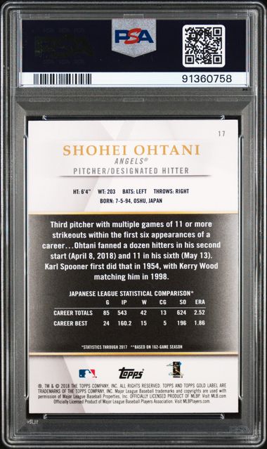 2018 Topps Gold Label - Shohei Ohtani 17 - Class 1 - PSA 8