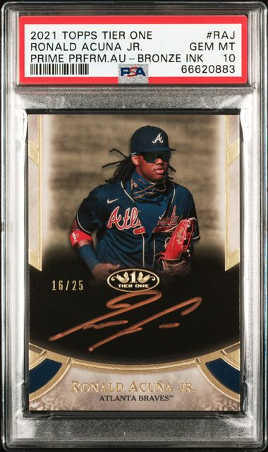 2021 Topps Tier One Baseball- Ronald Acuna Jr.  - Prime Performers Autograph Bronze Ink 16/25 - PSA 10