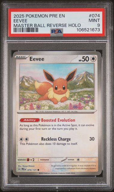 Eeevee 074/131 Master Ball Reverse Holo Prismatic Evolutions- 2025 Pokemon - PSA 9