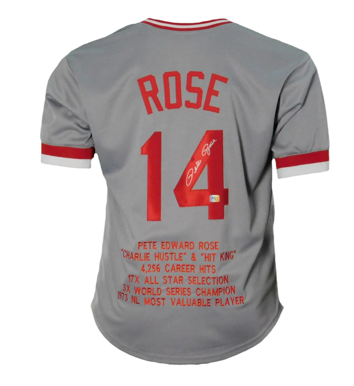 Pete Rose Autographed Signed Cincinnati  Stats Pro Edition Baseball Jersey (JSA)