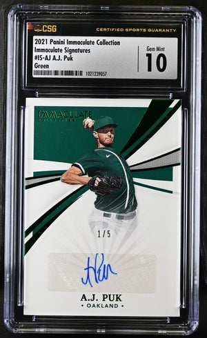 2021 Panini Immaculate - A.J. Puk - Green /5 - CSG /CGC 10 / 9