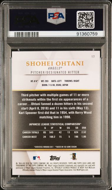 2018 Topps Gold Label - Shohei Ohtani 17 - Class 3 - PSA 10