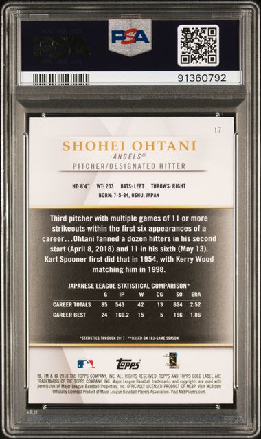 2018 Topps Gold Label - Shohei Ohtani 17 - Class 2 - PSA 9