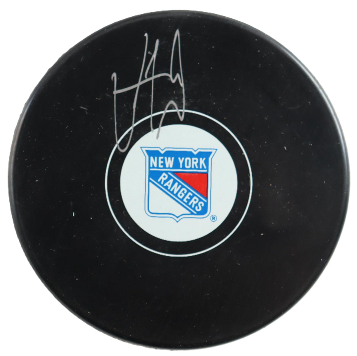 Vincent Trocheck Signed Rangers Logo Hockey Puck (JSA) With Rangers Case