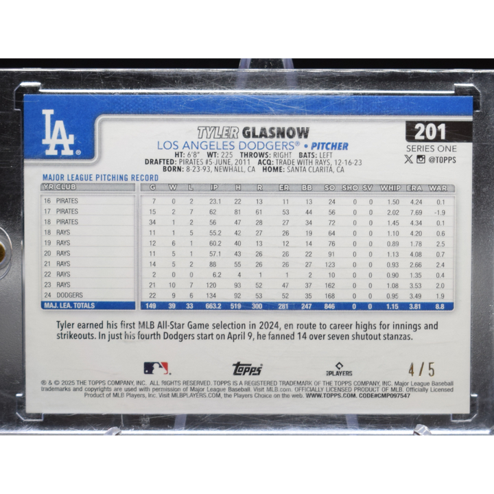 2025 Topps Series 1 - Tyler Glasnow 201 - Red Diamante /5
