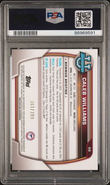 2022 Topps Bowman U - Caleb Williams 50 - 1st Bowman Chrome Purple Mini Diamonds /399 - PSA 10