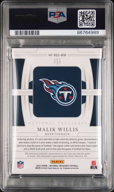 2022 Panini National Treasures - Malik Willis RGS-MW  - Rookie Gear Signatures Nike Swoosh 1/1 - PSA 10 / 9